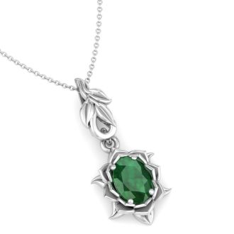 3/4 Carat Oval Shape Emerald Necklaces With Ornate Vine Design In 14 Karat White Gold, 18 Inch Chain
