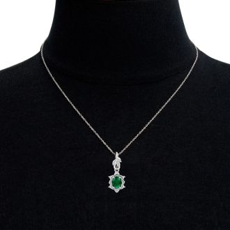 3/4 Carat Oval Shape Emerald Necklaces With Ornate Vine Design In 14 Karat White Gold, 18 Inch Chain