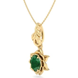 3/4 Carat Oval Shape Emerald Necklaces With Ornate Vine Design In 14 Karat Yellow Gold, 18 Inch Chain