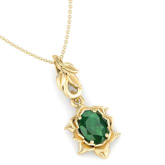3/4 Carat Oval Shape Emerald Necklaces With Ornate Vine Design In 14 Karat Yellow Gold, 18 Inch Chain