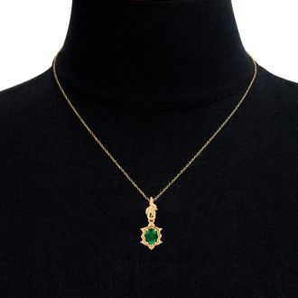 3/4 Carat Oval Shape Emerald Necklaces With Ornate Vine Design In 14 Karat Yellow Gold, 18 Inch Chain