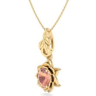 3/4 Carat Oval Shape Morganite Necklace Ornate Design In 14K Yellow Gold With 18 Inch Chain