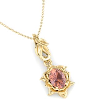 3/4 Carat Oval Shape Morganite Necklace Ornate Design In 14K Yellow Gold With 18 Inch Chain
