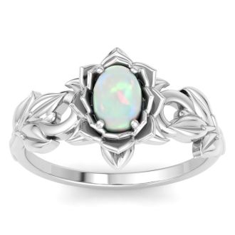 3/4 Carat Oval Shape Opal Ring with Floral Design In 14K White Gold