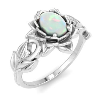 3/4 Carat Oval Shape Opal Ring with Floral Design In 14K White Gold