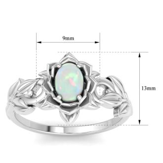 3/4 Carat Oval Shape Opal Ring with Floral Design In 14K White Gold