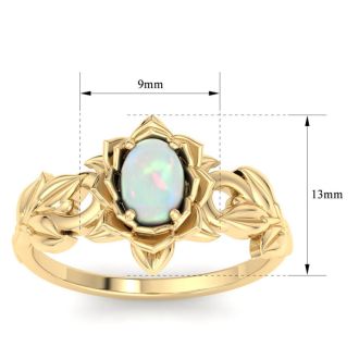 3/4 Carat Oval Shape Opal Ring with Floral Design In 14K Yellow Gold