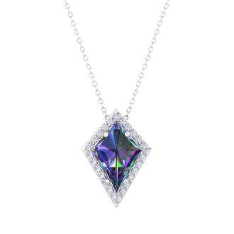 1-3/4 Carat Kite Shape Mystic Topaz Necklace And Diamond Halo In 14 Karat White Gold, 18 Inches