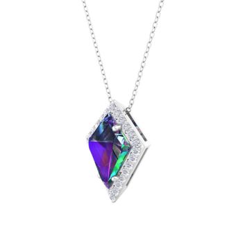1-3/4 Carat Kite Shape Mystic Topaz Necklace And Diamond Halo In 14 Karat White Gold, 18 Inches