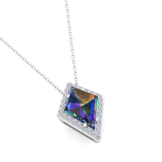 1-3/4 Carat Kite Shape Mystic Topaz Necklace And Diamond Halo In 14 Karat White Gold, 18 Inches