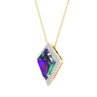1-3/4 Carat Kite Shape Mystic Topaz Necklace And Diamond Halo In 14 Karat Yellow Gold, 18 Inches