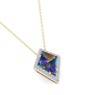 1-3/4 Carat Kite Shape Mystic Topaz Necklace And Diamond Halo In 14 Karat Yellow Gold, 18 Inches