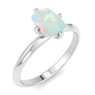1 Carat Antique Cushion Shape Opal Ring In 14K White Gold
