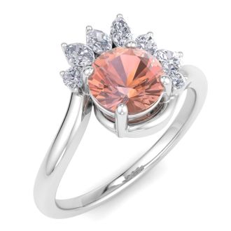 1-1/4 Carat Morganite and Marquise Crown Halo Diamond Ring In 14K White Gold