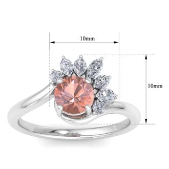 1-1/4 Carat Morganite and Marquise Crown Halo Diamond Ring In 14K White Gold