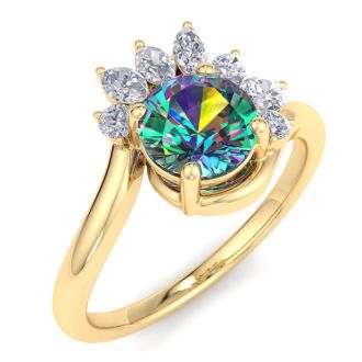 1-1/4 Carat Round Shape Mystic Topaz Ring With Marquise Crown In 14 Karat Yellow Gold