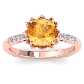 Citrine Ring: 1 1/2 Carat Cushion Cut Citrine and Diamond Ring