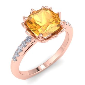 Citrine Ring: 1 1/2 Carat Cushion Cut Citrine and Diamond Ring