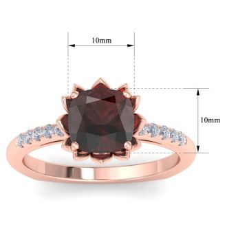 Garnet Ring: 1 1/2 Carat Cushion Cut Garnet and Diamond Ring