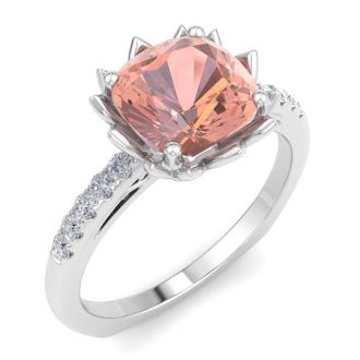 1-1/2 Carat Cushion Cut Morganite and Diamond Ring In 14K White Gold