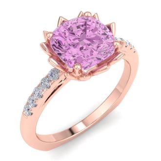Pink Topaz Ring: 1 1/2 Carat Cushion Cut Pink Topaz and Diamond Ring