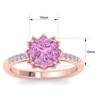 Pink Topaz Ring: 1 1/2 Carat Cushion Cut Pink Topaz and Diamond Ring