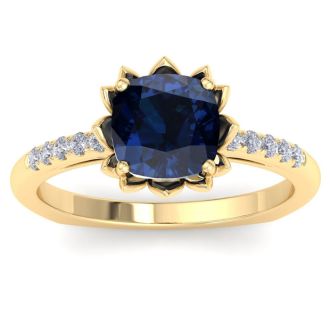 Sapphire Ring: 1 1/2 Carat Cushion Cut Sapphire and Diamond Ring