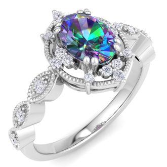 1 Carat Round Shape Mystic Topaz Ring With Diamond Halo In 14 Karat White Gold
