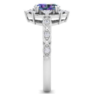 1 Carat Round Shape Mystic Topaz Ring With Diamond Halo In 14 Karat White Gold