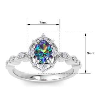 1 Carat Round Shape Mystic Topaz Ring With Diamond Halo In 14 Karat White Gold