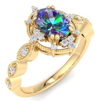 1 Carat Round Shape Mystic Topaz Ring With Diamond Halo In 14 Karat Yellow Gold