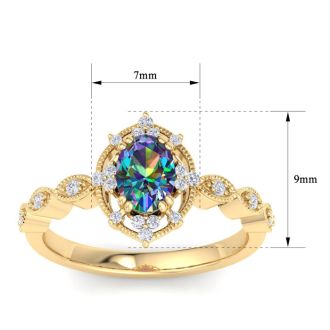 1 Carat Round Shape Mystic Topaz Ring With Diamond Halo In 14 Karat Yellow Gold