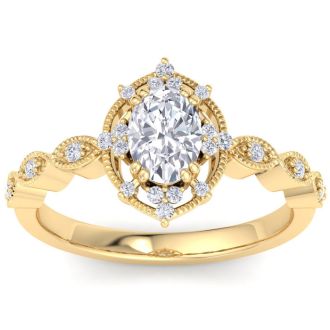 1 Carat Oval Shape Halo Diamond Engagement Ring In 14K Yellow Gold
