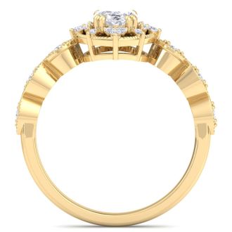 1 Carat Oval Shape Halo Diamond Engagement Ring In 14K Yellow Gold