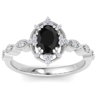 1 Carat Oval Shape Black Diamond Engagement Ring In 14K White Gold