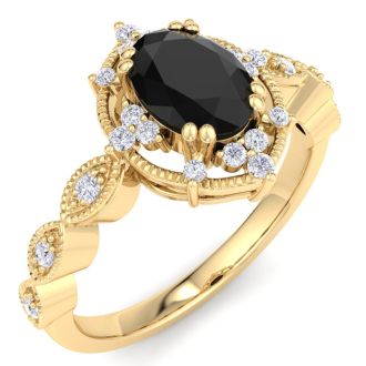 1 Carat Oval Shape Black Diamond Engagement Ring In 14K Yellow Gold