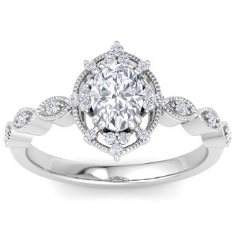 1 Carat Oval Shape Halo Lab Grown Diamond Engagement Ring In 14K White Gold