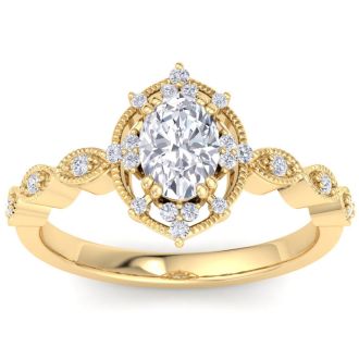 1 Carat Oval Shape Halo Lab Grown Diamond Engagement Ring In 14K Yellow Gold