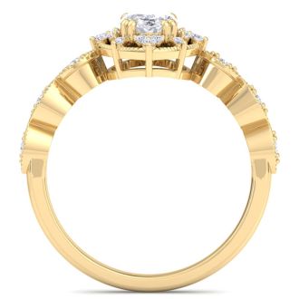 1 Carat Oval Shape Halo Lab Grown Diamond Engagement Ring In 14K Yellow Gold