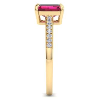 Ruby Ring: 1 1/4 Carat Emerald Shape Ruby and Diamond Ring