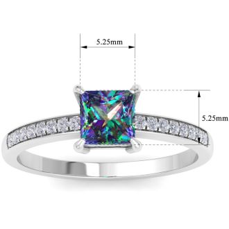1-1/4 Carat Princess Shape Mystic Topaz Ring and Diamonds In 14 Karat White Gold