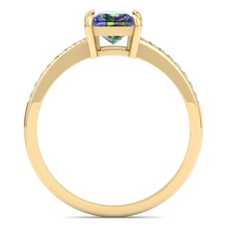 1-1/4 Carat Princess Shape Mystic Topaz Ring and Diamonds In 14 Karat Yellow Gold