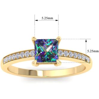 1-1/4 Carat Princess Shape Mystic Topaz Ring and Diamonds In 14 Karat Yellow Gold