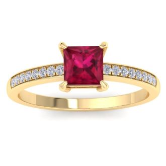 Ruby Ring: 1 1/4 Carat Princess Shape Ruby and Diamond Ring