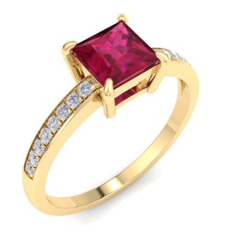 Ruby Ring: 1 1/4 Carat Princess Shape Ruby and Diamond Ring