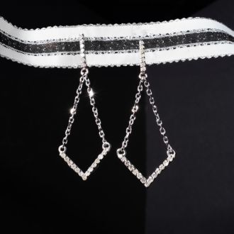 Diamond Drop Earrings: 1/3 Carat Diamond Chandelier Earrings With Chain In 14 Karat White Gold, 1 1/2 Inches
