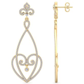 Diamond Drop Earrings: 1 1/2 Carat Diamond Chandelier Earrings In 14 Karat Yellow Gold, 1 1/2 Inches