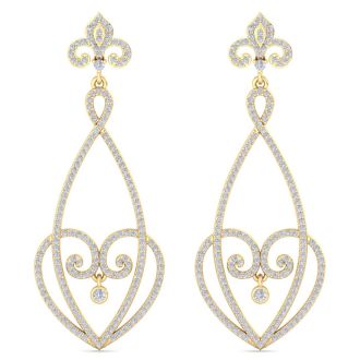 Diamond Drop Earrings: 1 1/2 Carat Diamond Chandelier Earrings In 14 Karat Yellow Gold, 1 1/2 Inches