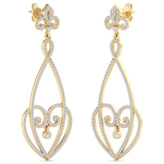 Diamond Drop Earrings: 1 1/2 Carat Diamond Chandelier Earrings In 14 Karat Yellow Gold, 1 1/2 Inches