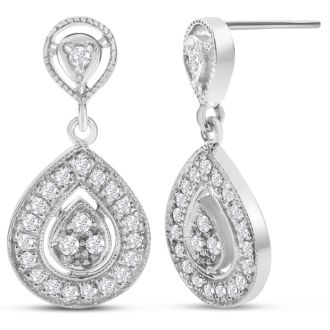 Diamond Drop Earrings: 1/2 Carat Diamond Drop Earrings In 14K White Gold, 1 Inch